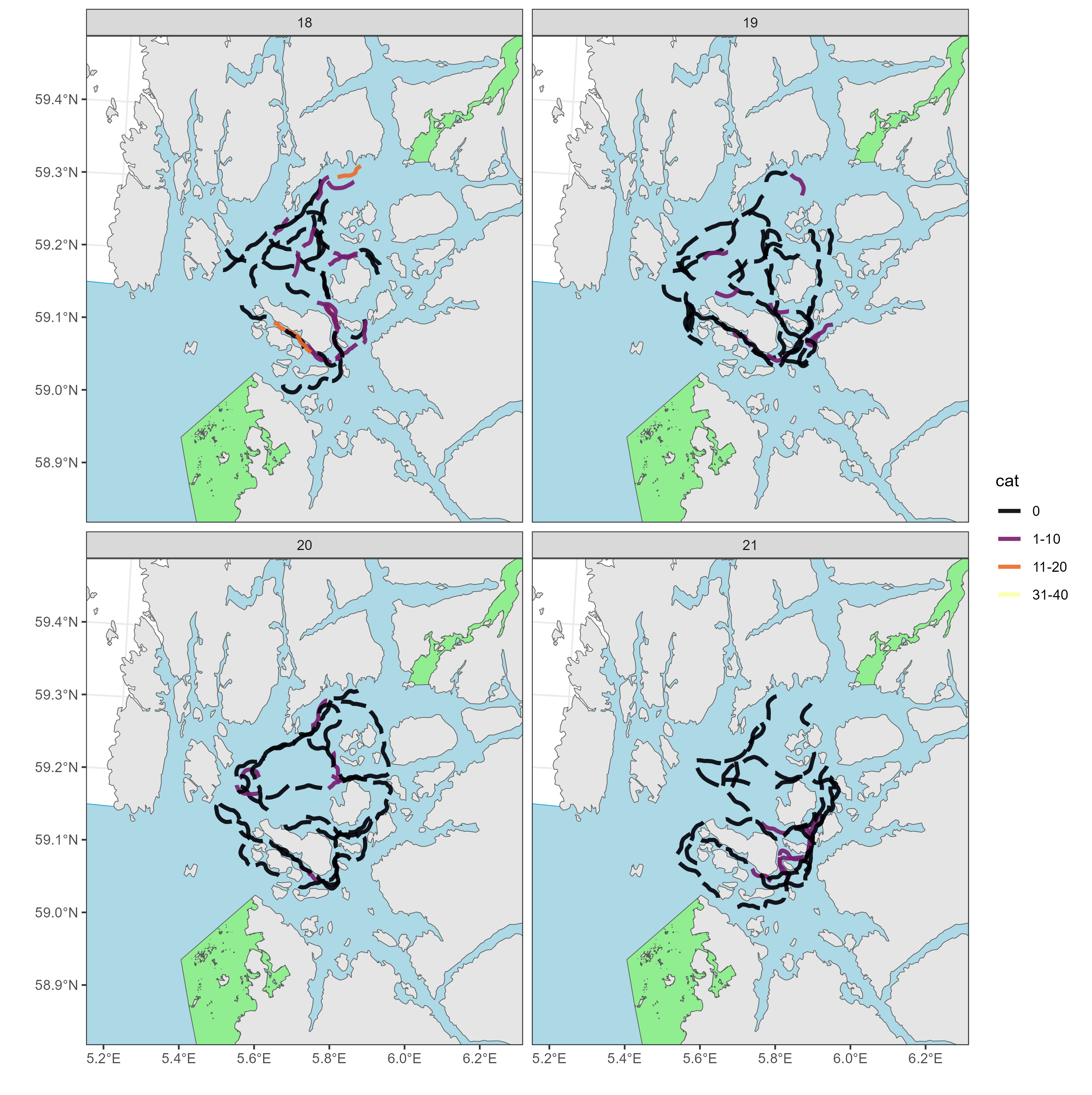 Tråltrekkene er vist som linjer i kart, et kart for hver uke. Linjene er farget fra svart til gul med økende fangst.