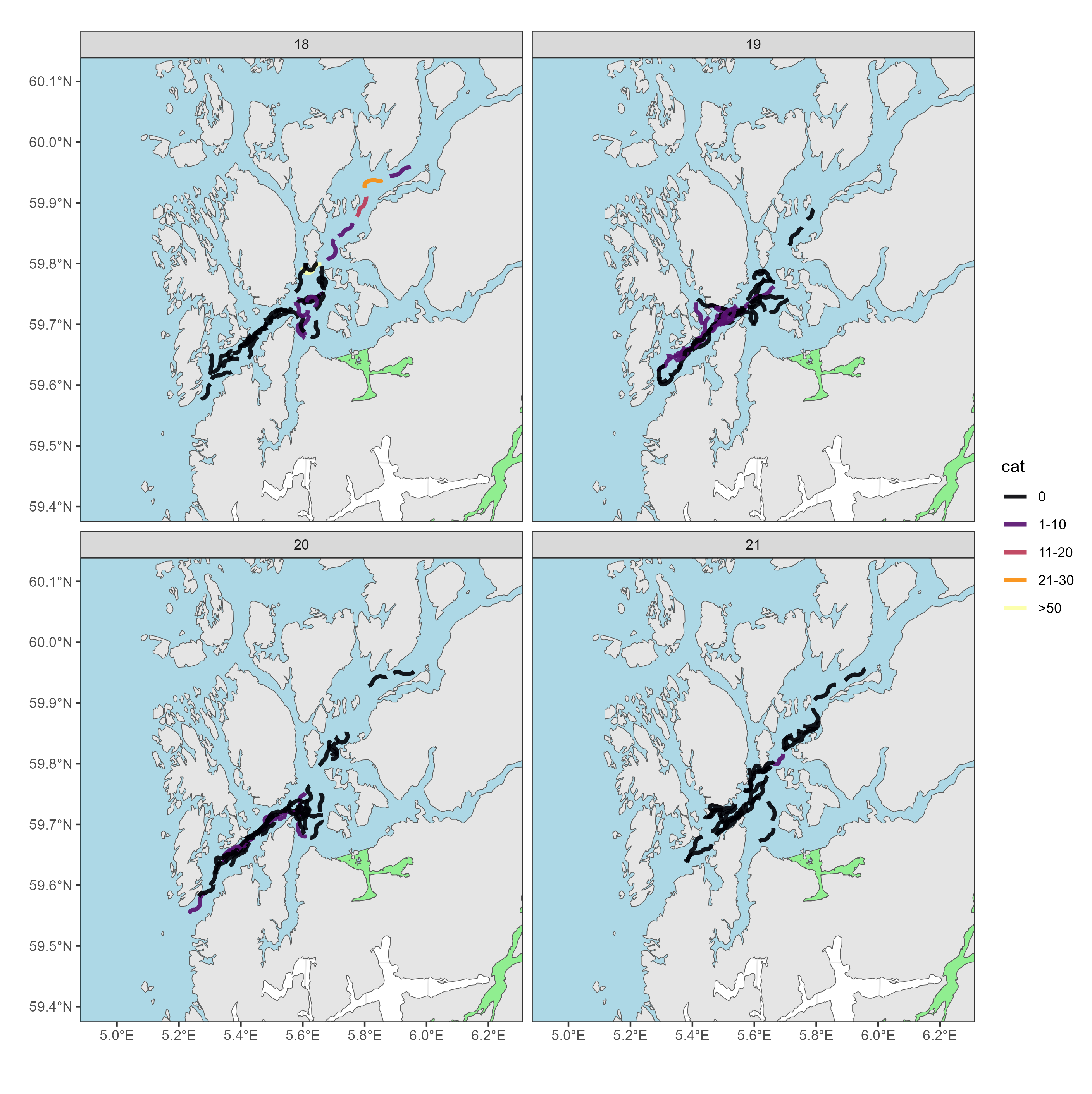 Tråltrekkene er vist som linjer i kart, et kart for hver uke. Linjene er farget fra svart til gul med økende fangst.