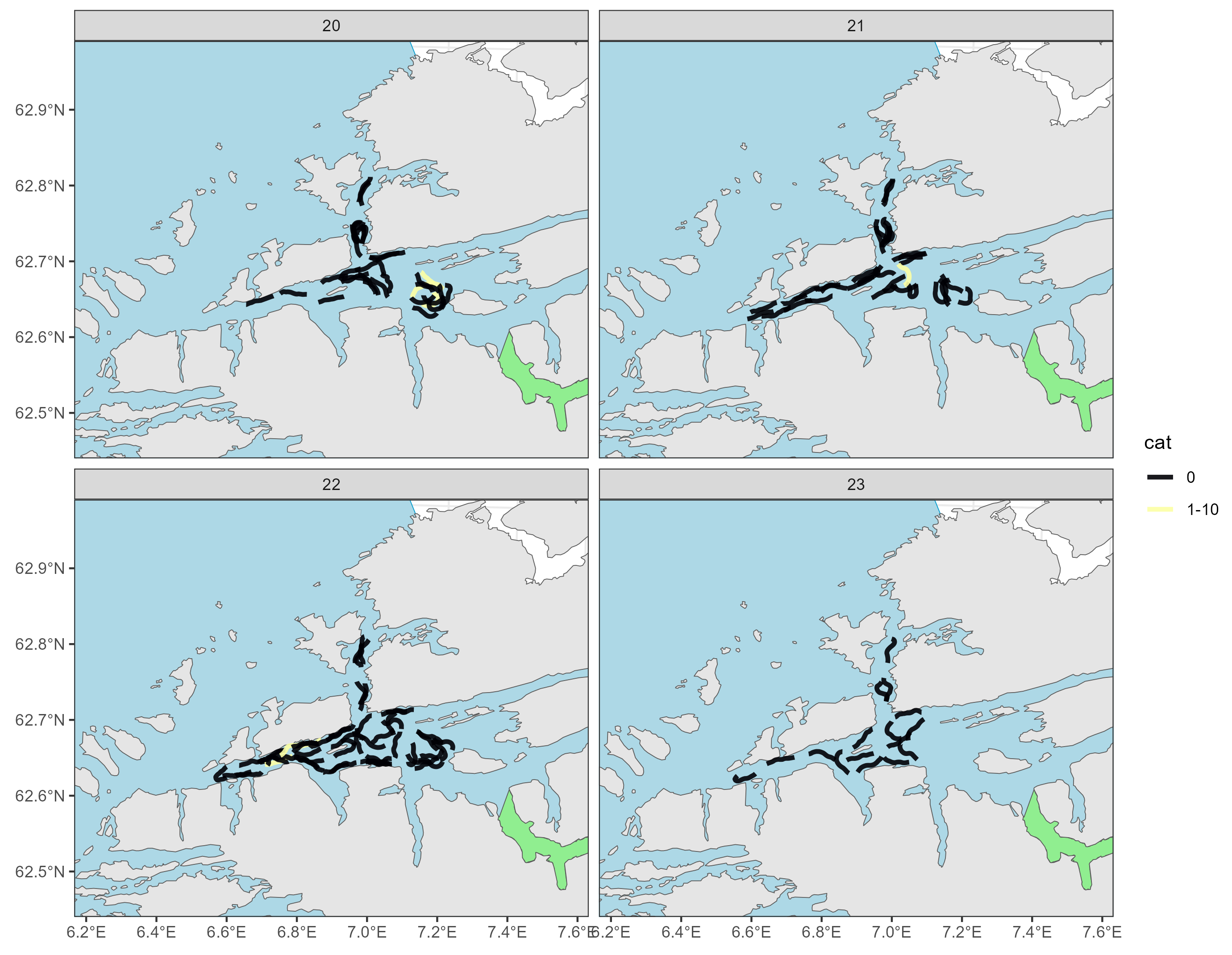 Tråltrekkene er vist som linjer i kart, et kart for hver uke. Linjene er farget fra svart til gul med økende fangst.