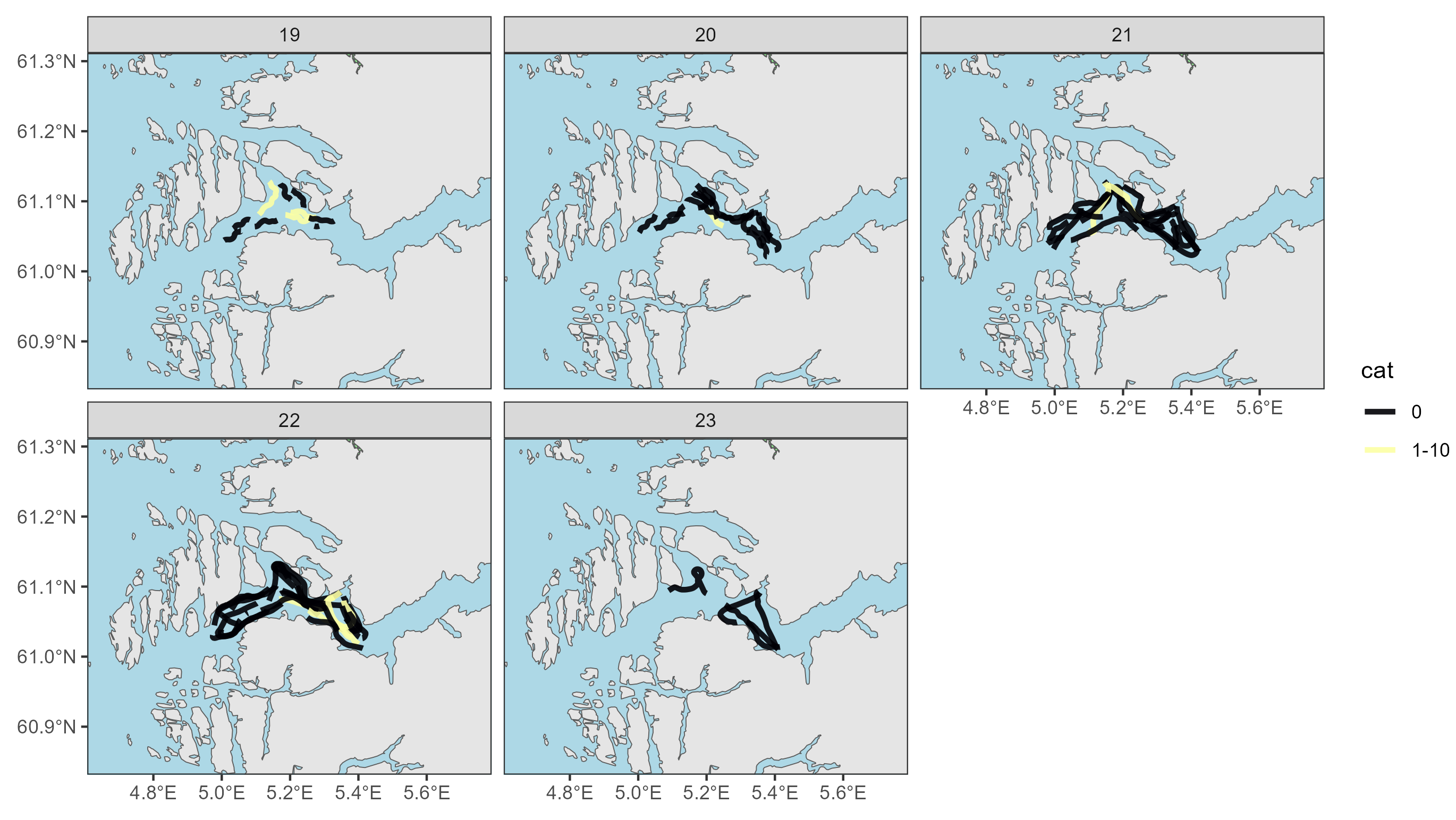 Tråltrekkene er vist som linjer i kart, et kart for hver uke. Linjene er farget fra svart til gul med økende fangst.