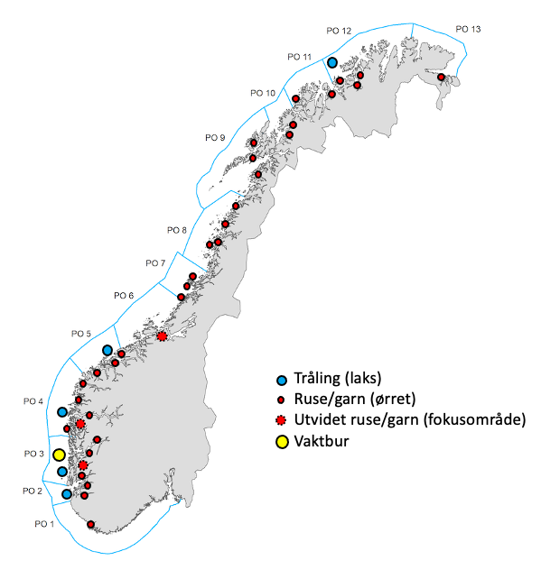 Norgeskart som viser posisjonene.