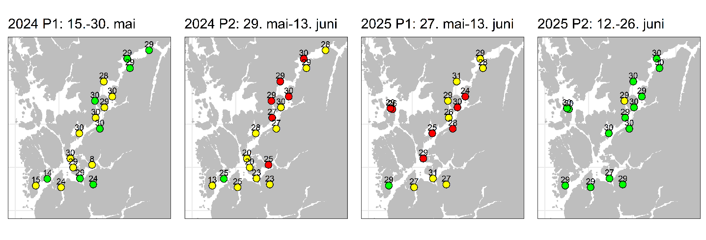 Posisjonene for vaktbur er vist som punkter i et kart. Punktene har farge etter hvor mange lus det var på fisken.