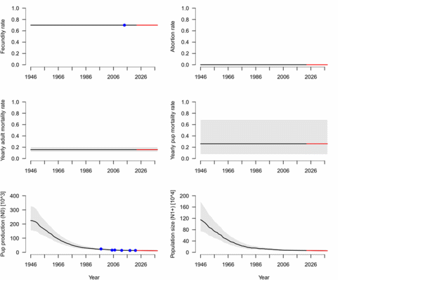 Figur 1. Modellert bestandsutvikling for klappmyss i Vesterisen (panelene i figuren viser de samme ratene som i figur 1). Til venstre nede: viser ungeproduksjonen med ungeproduksjonsestimatene i blått. Nede til høyre: viser den estimerte totalbestanden.