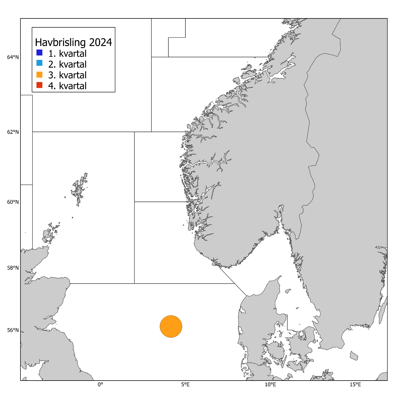 Havbrisling 2024. norske kommersielle fangster (runde kakediagram, størrelsen proporsjonal med fangstmengde) per statistisk hovedområde og kvarta. Fangsten i 2024 var 735 tonn og antall prøver fra fangstprøvelotteriet var 0. (Stand: 03.03.2025)