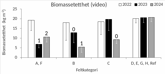 Figur 29. Gjennomsnittlig biomassetetthet av stortare (Laminaria hyperborea) langs videotransekter i årene 2022, 2023, 2024 i felt som ble høstet sommeren 2022 (A, F), sommeren 2023 (B), sommeren 2024 (C) og uhøstede felt (D, E, G, H, Referanse). Tallene over kolonnene indikerer tidsrom mellom høsting og observasjon (0: Pågående høsting, 1: Et år etter høsting, 2: To år etter høsting). Nedre grense for 95 % konfidensintervall er tegnet inn.