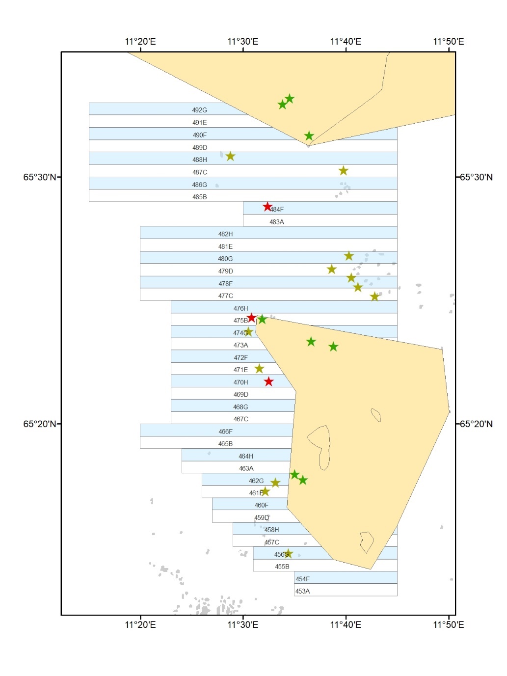 Figur 7. Innsamlings-stasjoner for stortare i juni 2022-24. Stasjoner i felt som ble høstet 5 år tidligere (røde stjerner), stasjoner i felt som ble høstet 8 år tidligere (gule stjerner) og stasjoner i uhøstede referanseområder (grønne stjerner). 