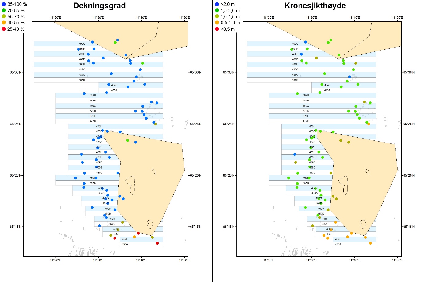 Figur 22. Gjennomsnittlig kategorisert dekningsgrad (venstre kart) og kronesjikthøyde (høyre kart) av stortare på stasjoner undersøkt ved hjelp av undervannsvideo i 2022. Dekningsgrad for stortare er estimert som prosentandel dekket bunnflate og kronesjikthøyden estimert i meter. Intervallinndeling for kategorier er listet øverst til venstre i kartene.