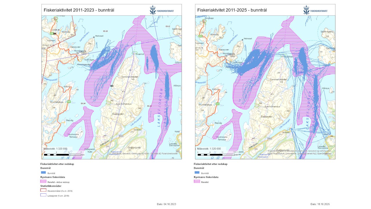 Figuren viser to kartutsnitt: 2011-2023 til venstre og 2011-2025 til høyre. Kartutsnittene over Porsangerfjorden og Laksefjorden, der rekefeltet er representert med rosa-skraverte felt. Tråltrekkene (fiskeriaktiviteten) er vist med blå linjer og felter, først og fremst inne i rekefeltene, men også noe utenfor (nord for Honningsvåg). Aktiviteten er konsentrert i ytre deler av Porsangerfjorden, ytre deler av Laksefjorden og innover Laksefjorden på østsiden i rekefeltet
