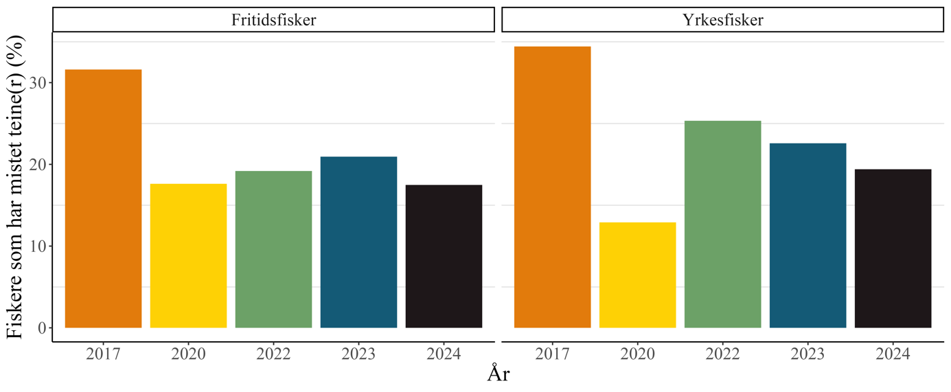 Figur 1: Andelen fiskere som rapporterte at de har mistet en eller flere teiner i løpet av sesongen for hummerfiske nasjonalt i perioden 2017-2024.