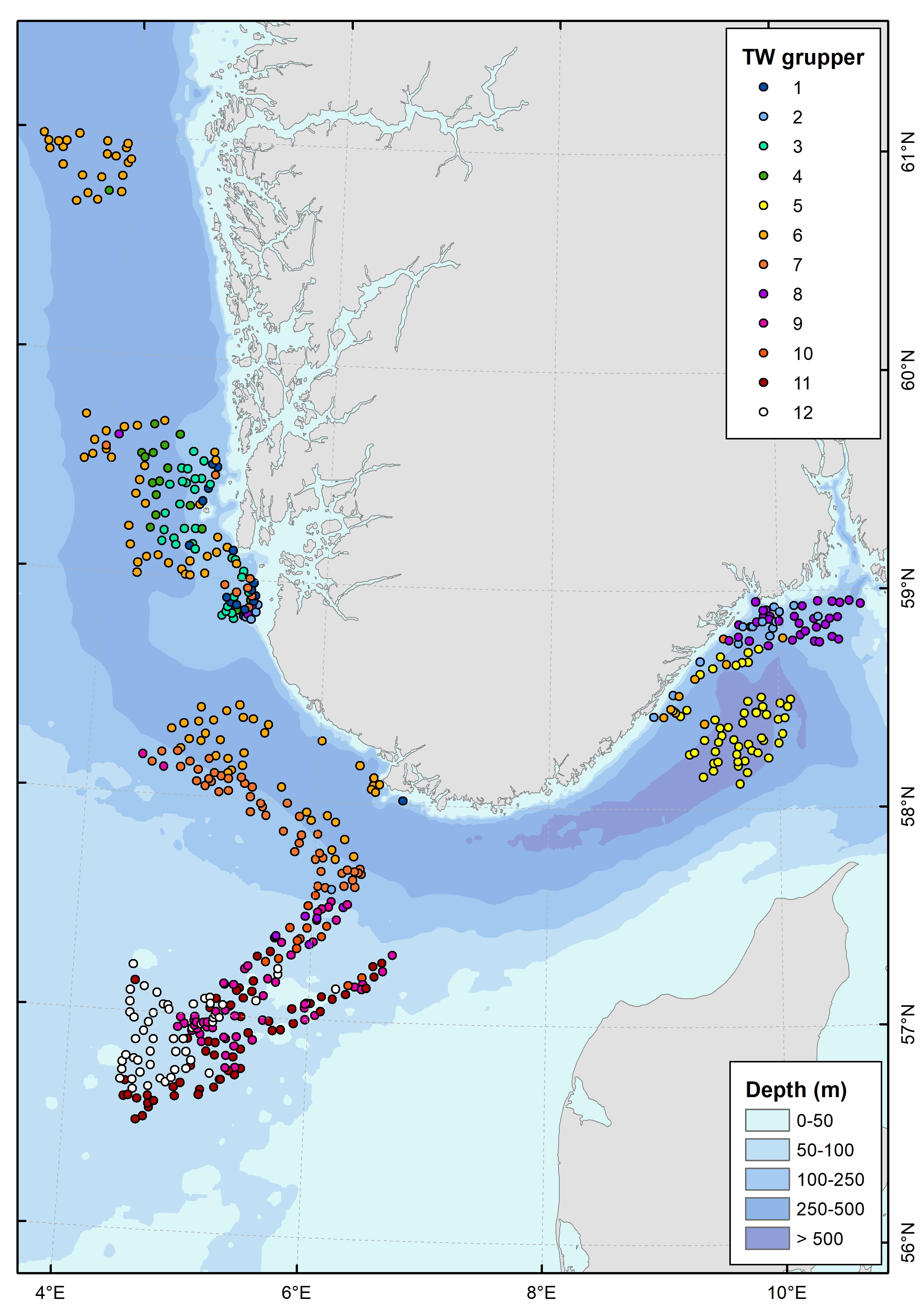 Distribution of expected biotope classes (labelled with numbers 1-12) as derived from megafaunal community similarity