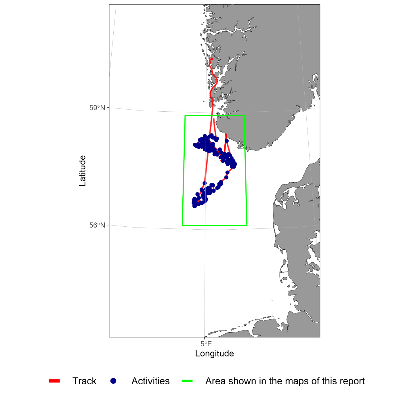 Map showing the entire cruise track, all sampling locations, and the bounding box for the survey area