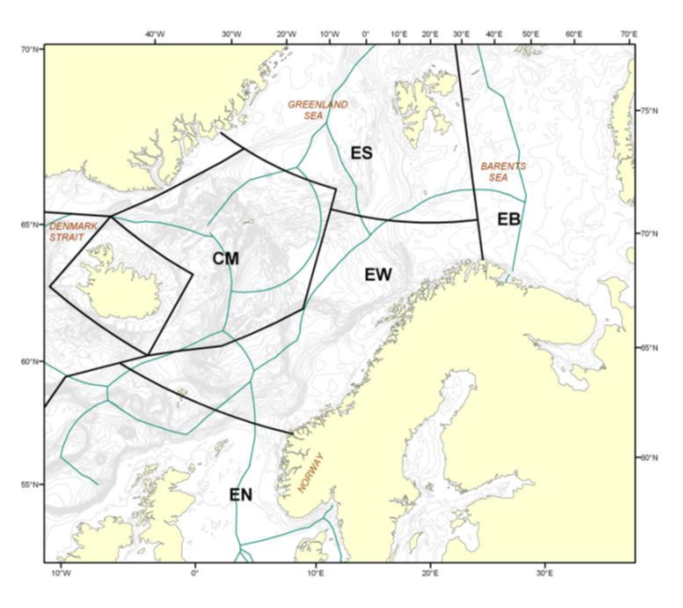 Figur 1: Forvaltningsområder for vågehval. De grønne linjene angir økonomiske soner. Vi mangler dekning i russisk sone av forvaltningsområde EB.