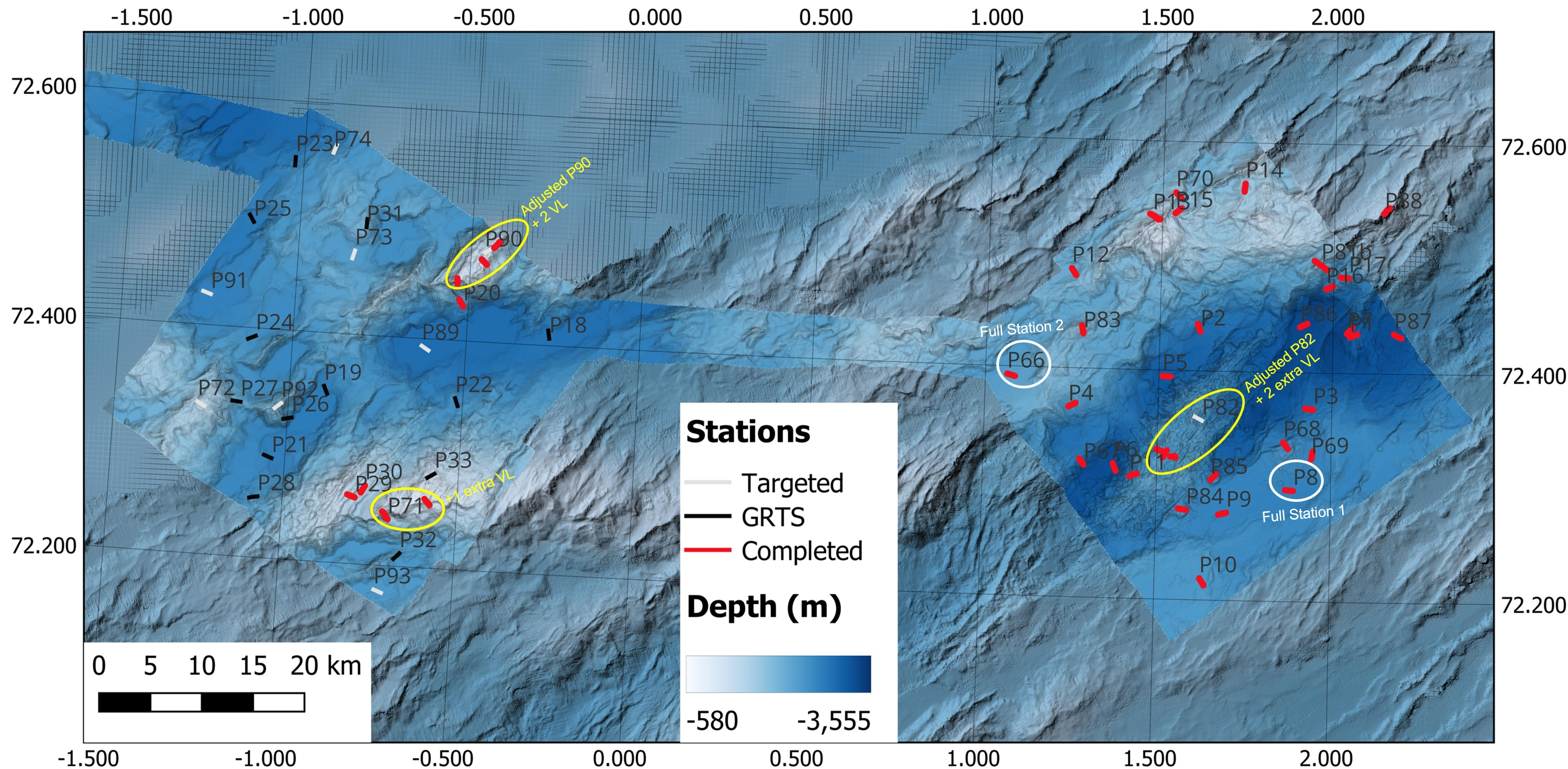 Figure 14. Map of the completed stations (red) in NH3-B06 (right) and NH3-B07 (left) with full stations circled in white and adjusted stations circled in yellow.