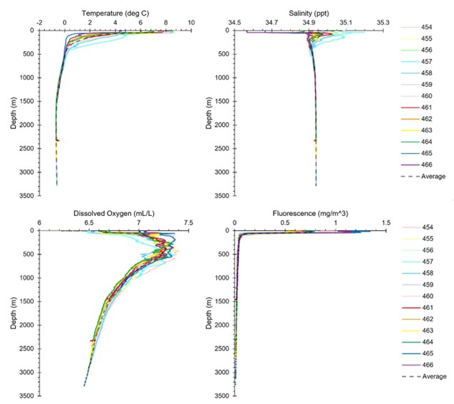 Profiles of the 13 CTD casts taken in NH3-B06 and NH3-B07.