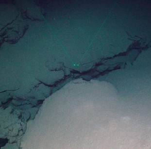 A large fissure splits between sediment covered pillow lava.