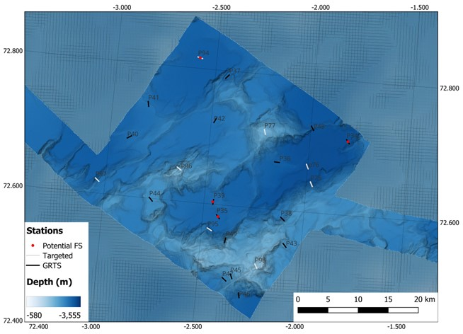 Figure 4. Map of NH3-B08 with the locations of the targeted stations (grey line), GRTS stations (black line), and potential full stations (red circle).