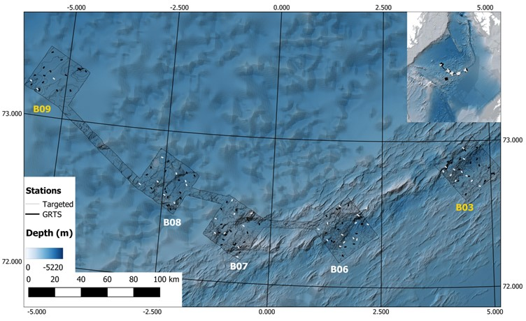 Figure 1. Map of the planned survey area for Cruise 2025007011, which includes priority boxes (white text): NH3-B06, NH3-B07, NH3-B08; and reserve boxes (yellow text): NH0-B03 and NH3-B09.