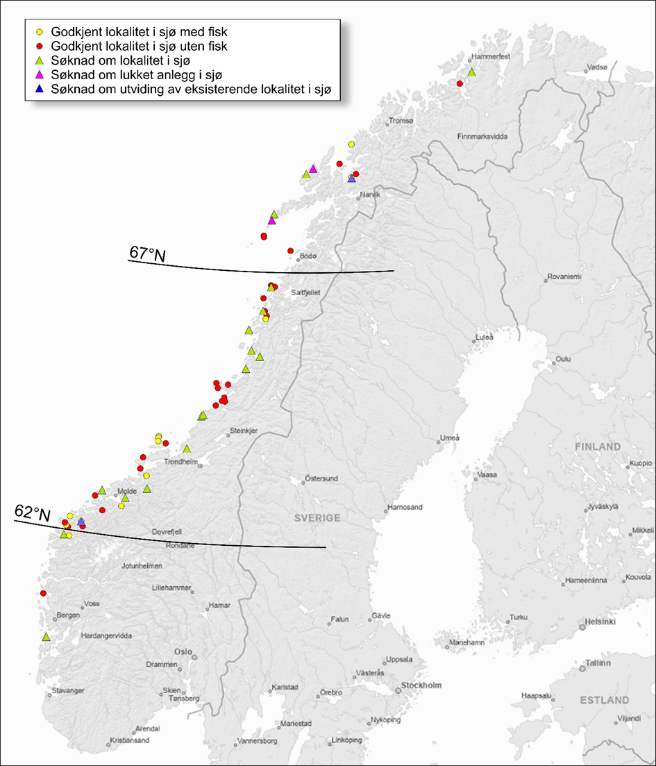 Figur 1.2 Kart som viser godkjente lokaliteter i sjø for kommersielt oppdrett av matfisk torsk, med og uten fisk i anlegget per 9. september 2025, samt søknader om nye lokaliteter i sjø per 25. august 2025 (Kilde: Fiskeridirektoratet og fylkeskommunene). Anlegg med slaktemerder og forskningsanlegg er utelatt.