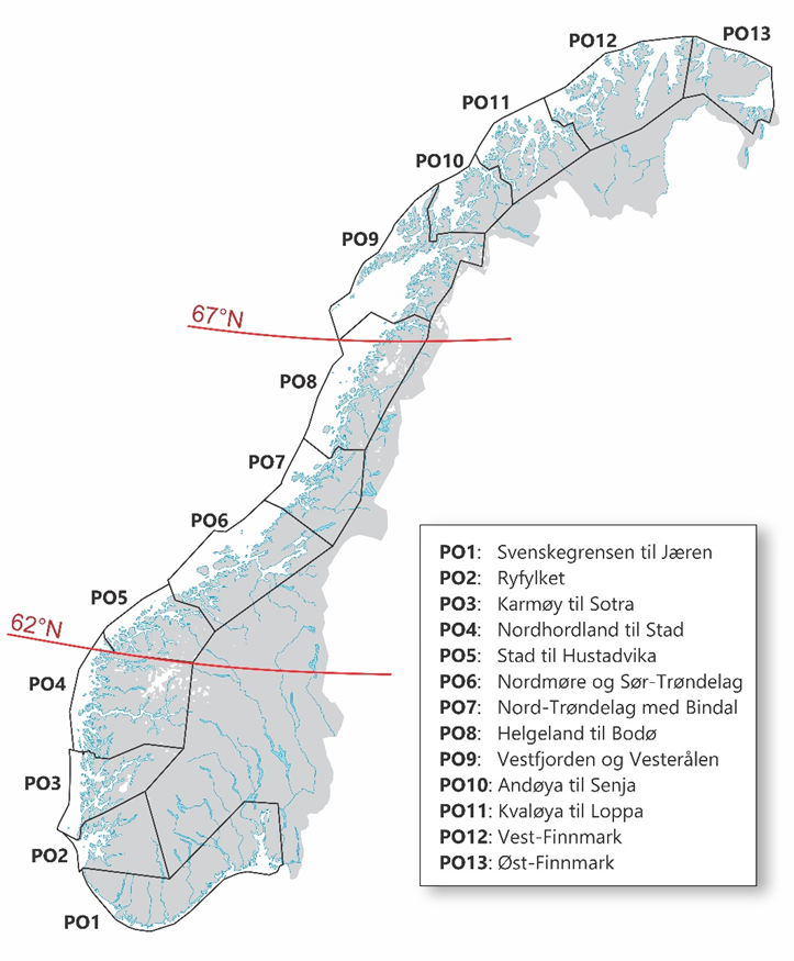 Figur 2.7. Produksjonsområder (PO) og grenser for forvaltningsområder for torsk (rød linje).