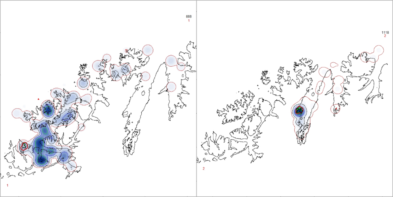 Figur 2.10. Kart som viser drift fra to mulige gytefelt i Finnmark med bakgrunn i stasjoner vist i figur 2.8. Eggene er sluppet i område markert med tykke røde linjer. Mørk blåfarge indikerer høy sannsynlighet for egg etter 30 dager med drift. Kartet til høyre viser et gytefelt der egg og larver holdes inne i fjorden og i liten grad driver bort fra gytefeltet. Kartet til venstre viser et gytefelt der egg og larver spres i et større område. Ofte vil også retningen eggene driver fra i slike gytefelt i mye større grad enn gytefelt inne fjordene være påvirket av varierende forhold i vær og vind.