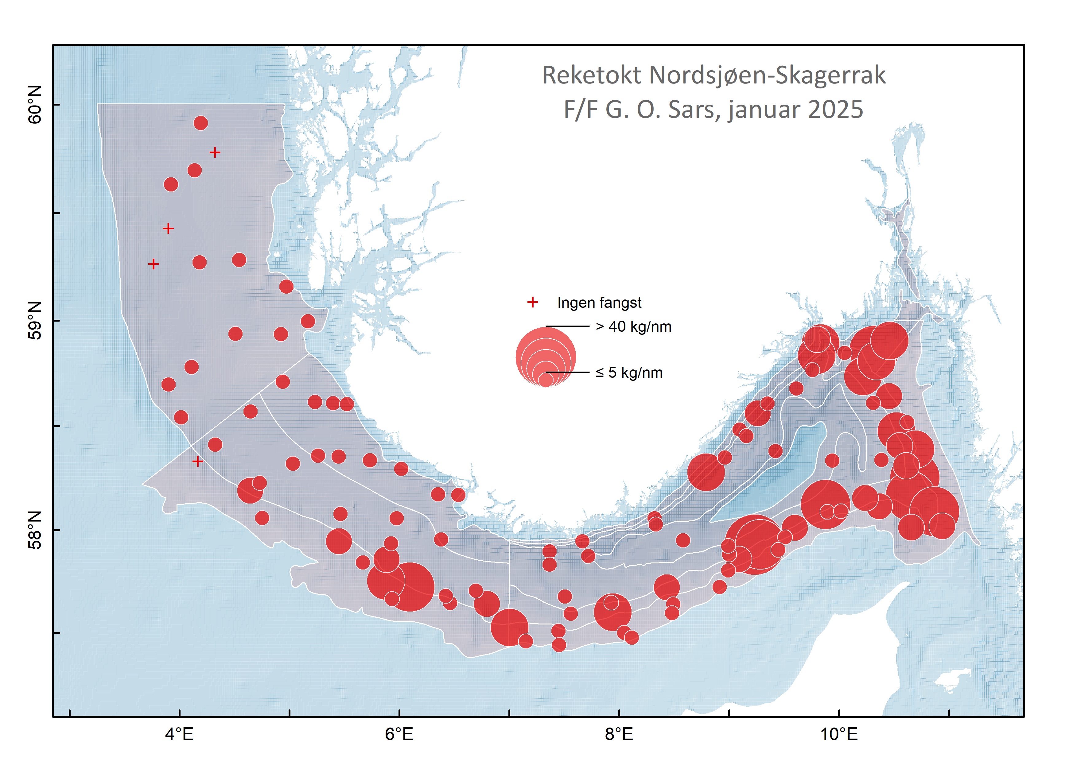 Kartutsnitt med røde bobler med fem ulike størrelser fra minst (under 5 kilo per nautiske mil), til størst (over 40kilo per nautiske mil).