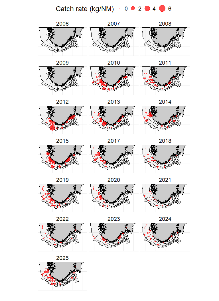 Kartutsnitt fra 2006 øverst til venstre og går i rekkefølge tre og tre nedover til 2025. Prikk er 0 kg fangst, tre bobler fra liten til store representerer henholdsvis 2, 4 og 6 kilo per nautisk mil.