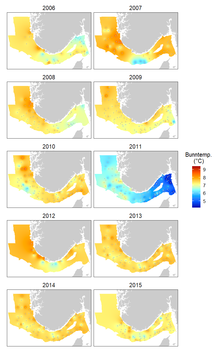 Kartutsnitt fra 2006 øverst til venstre og går i rekkefølge to og to nedover til 2015. Fargene går fra rødt (9,5 grader) til blått (4 grader).