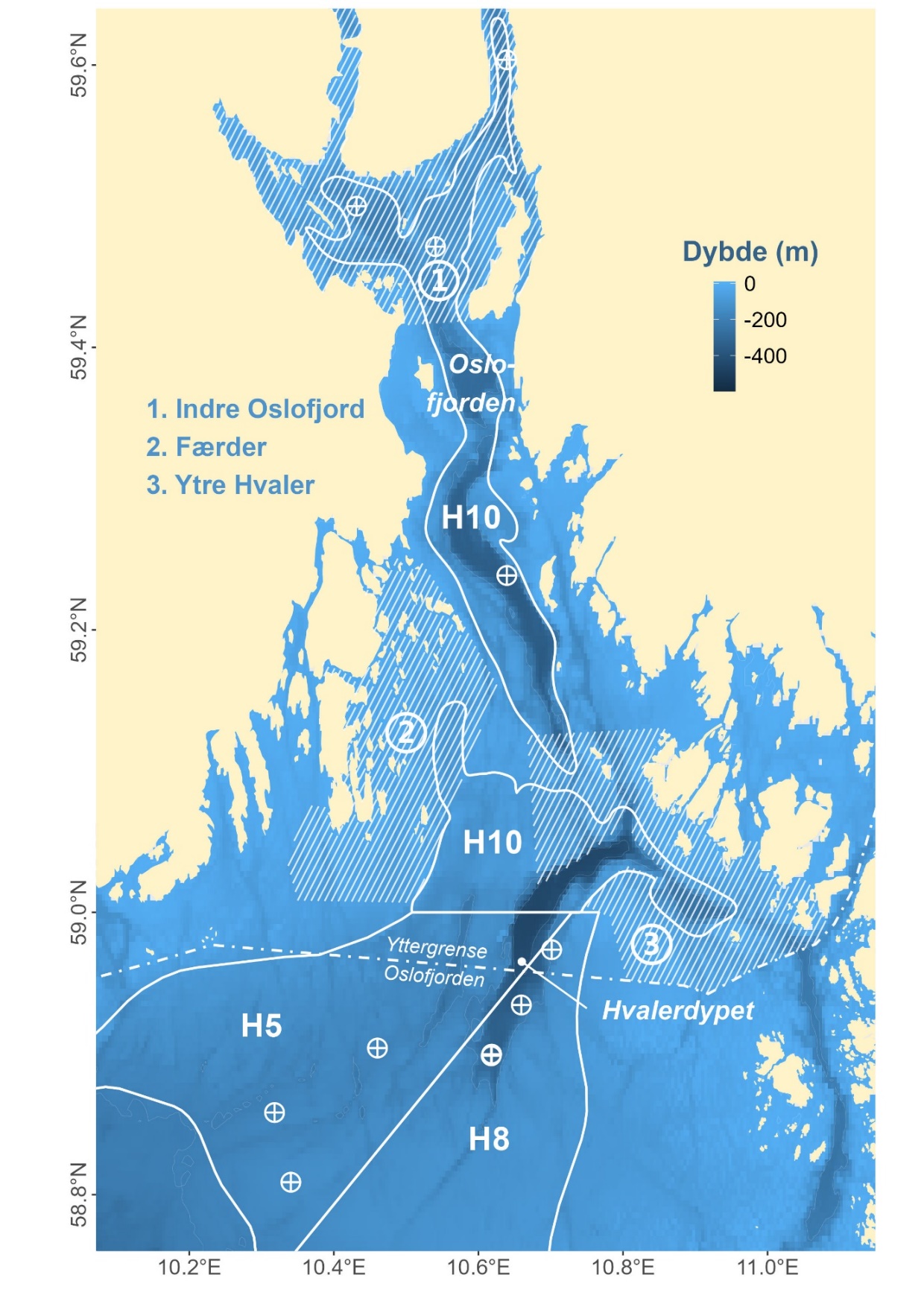 Kartutsnitt over Oslofjorden med koordinater i margene: 10,2 til 11 grader øst langs nedre kant og 58,8 til 59,6 grader nord i venstre kant. Dybde i meter fra lysblått (0 meter) til mørkeblått (600 meter). Skraverte nullområder 1=Indre Oslofjord, 2=Færder og 3=Ytre Hvaler. Antall trålstasjoner i H10 (4 stykk), H5 (3 stykk) og H8 (tre stykk). H10 er delt i to og dermed vist to steder i kartet.