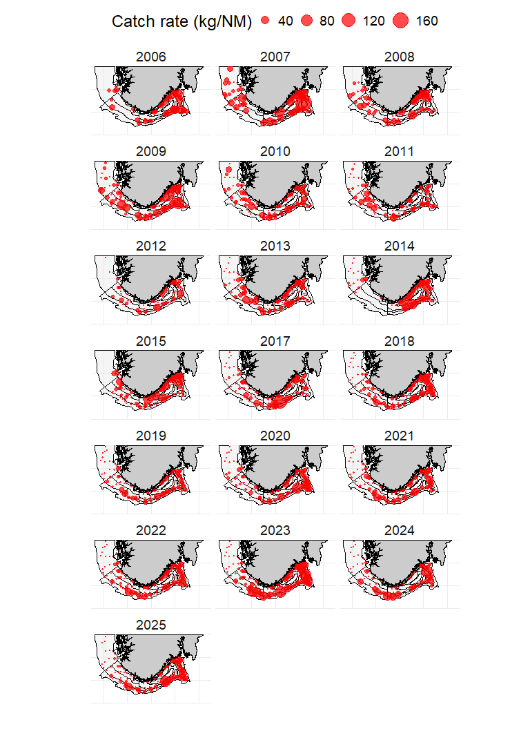 Kartutsnitt fra 2006 øverst til venstre og går i rekkefølge tre og tre nedover til 2025. 