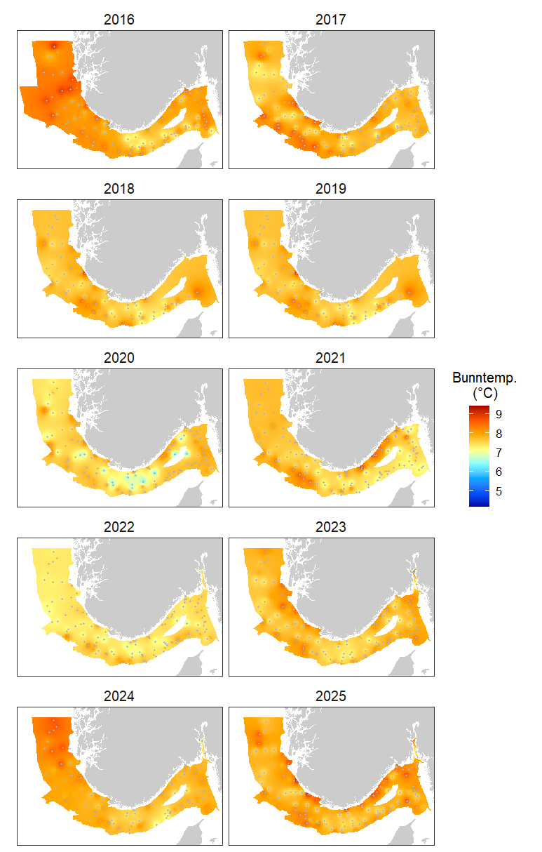 Kartutsnitt fra 2016 øverst til venstre og går i rekkefølge to og to nedover til 2025. Fargene går fra rødt (9,5 grader) til blått (4 grader).