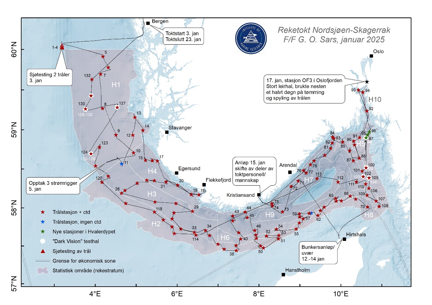 Stasjonsnett med nummererte trålstasjoner, men ikke alle står med nummer i kartet. Trålstasjoner med CTD = røde stjerner, trålstasjoner uten = blå stjerner, nye stasjoner = grønne stjerner, hvite sirkler = «Dark Vision» testhal og sjøtesting av trål = røde trekanter. Tynne doble streker viser grense for økonomisk sone og gravert felt viser statistisk område (rekestratum). Uthevede tekstbobler angir toktstart og toktslutt i Bergen, sjøtesting av trål, opptak av strømrigger, anløp for personellskifte Kristiansand, bunkersanløp/uvær i Hanstholm (Danmark) og informasjon om spesielt leirehal i Ytre Oslofjord.