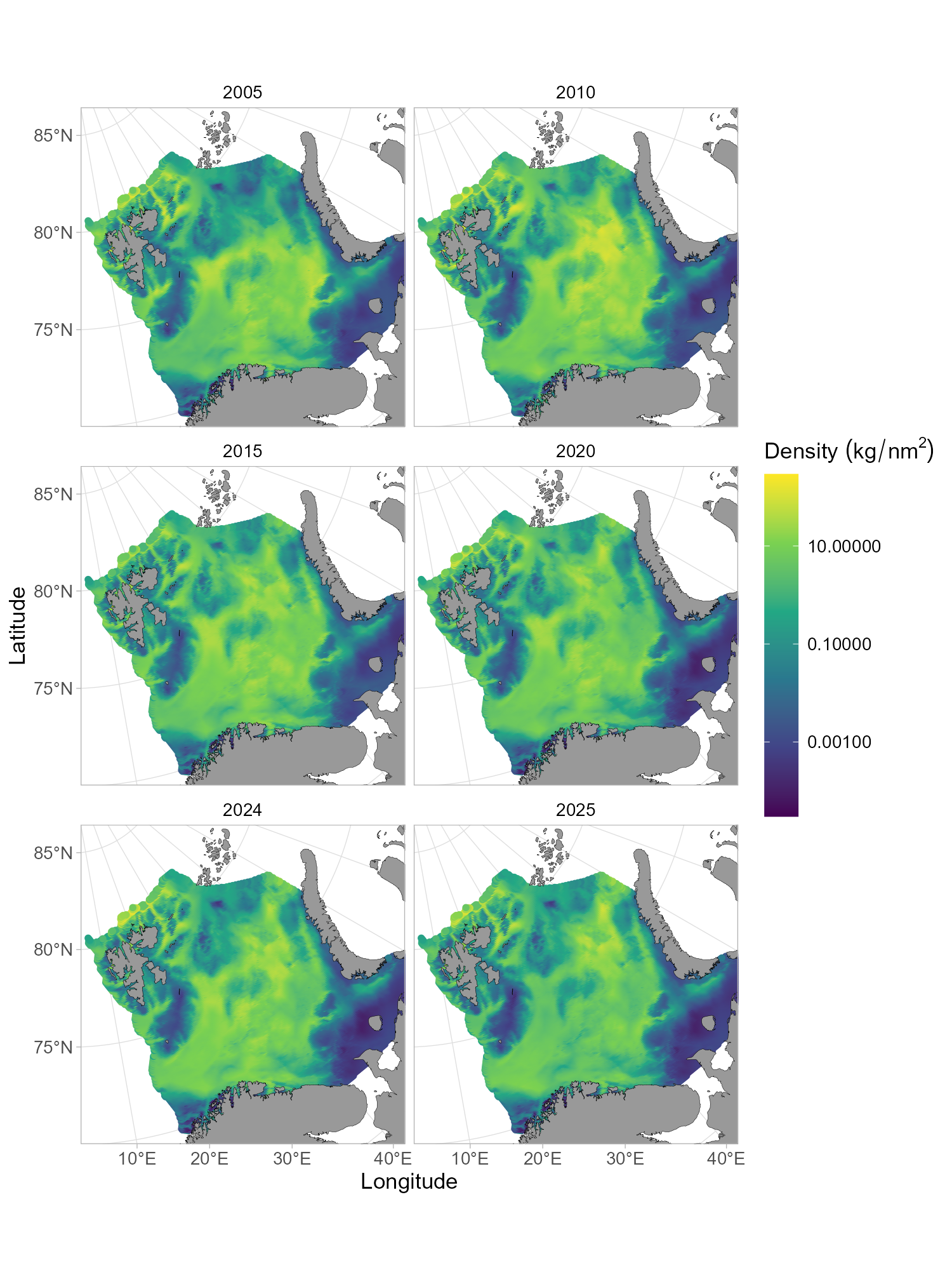 Spatial distribution of shrimp biomass based on ecosystem system survey data. Biomass is predicted with a GAMM including spatio-temporal correlation that was used to produce the standardized survey index.