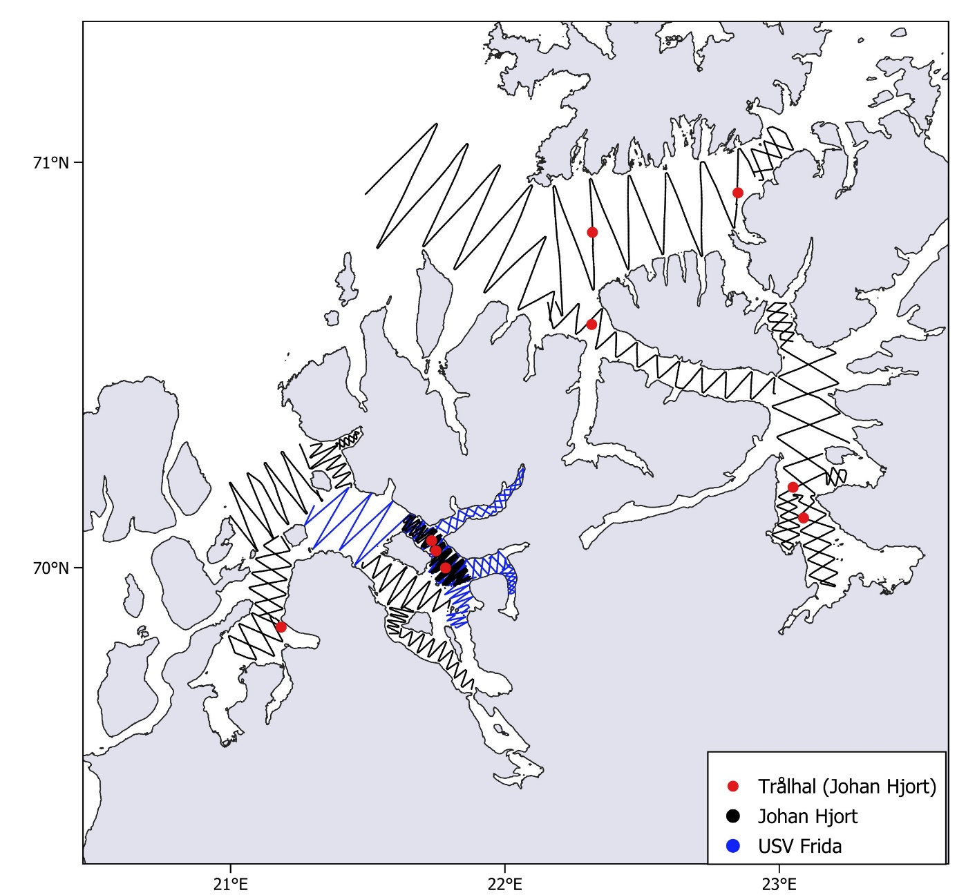 Akustiske transekt og trålstasjoner som ble gjennomført på nvg- overvintringstoktet 2025.