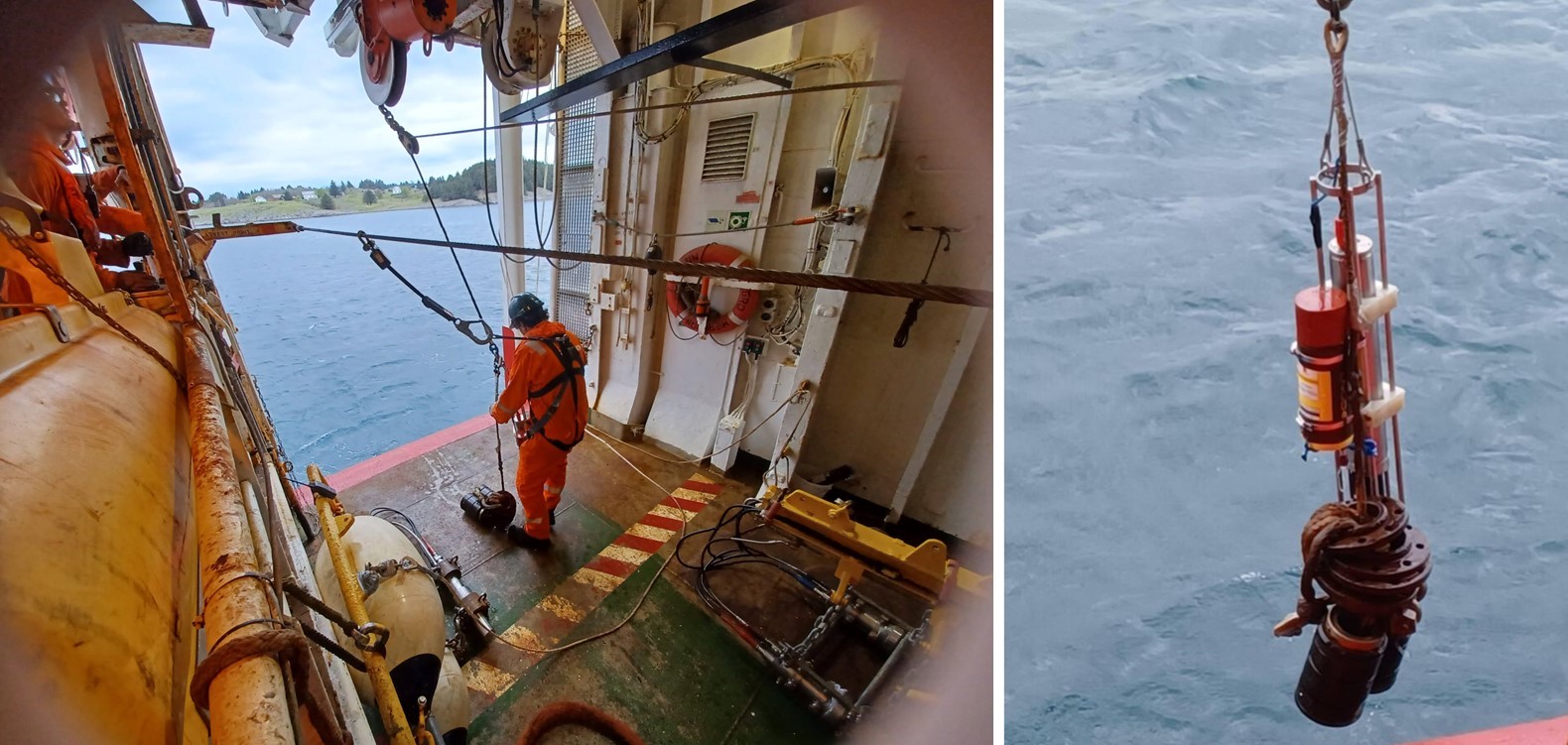 Figure 6. The CTD instrument about to be deployed (left) and close up before being submerged (right). 