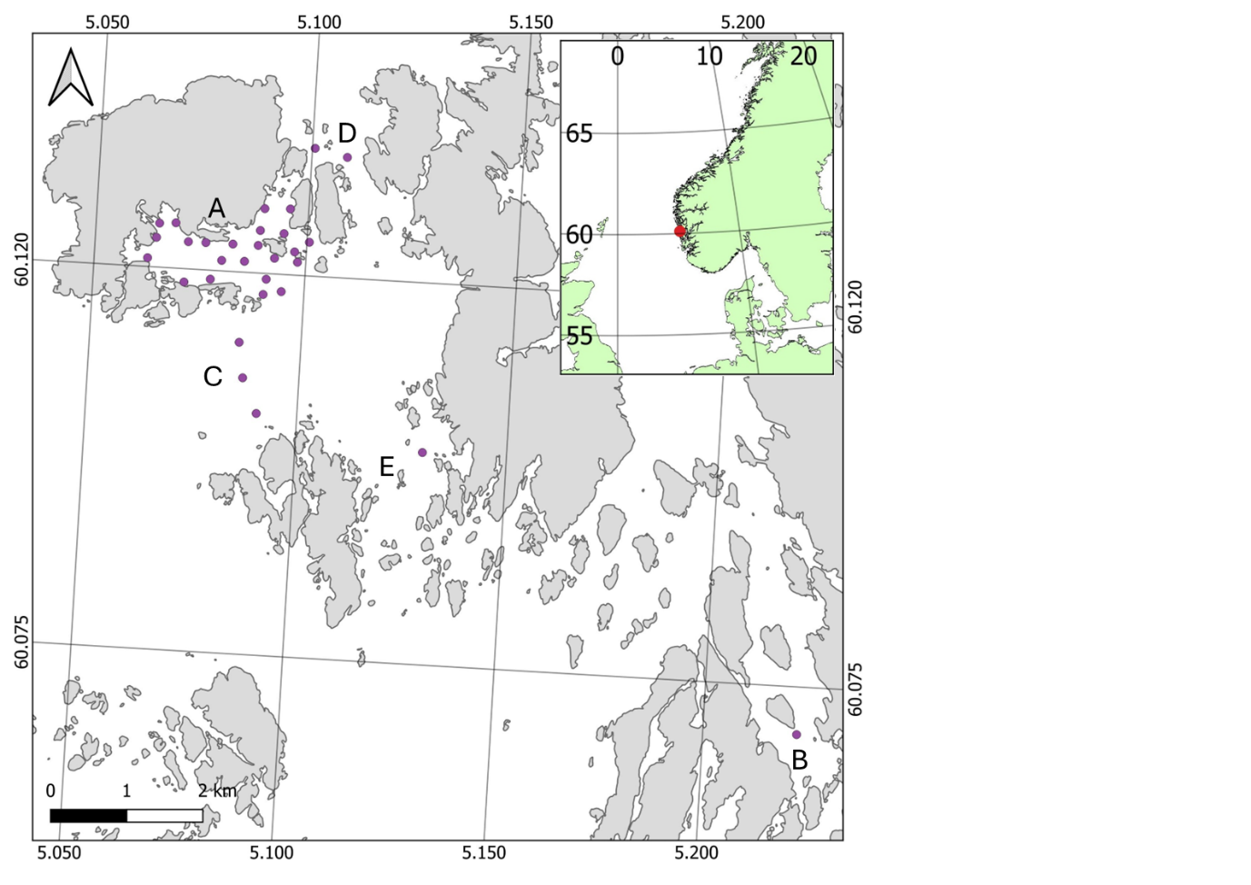 Figure 1 Overview of the telemetry receivers in the area (purple points). These are placed in the main exposure location in Bakkasund (A), and as curtains to control the western (C), northern (D) and southern (E) gateway from the main area as well as an additional spawning site in the area (B ). The miniature insert picture shows the location of the research area in Austevoll as a red dot.