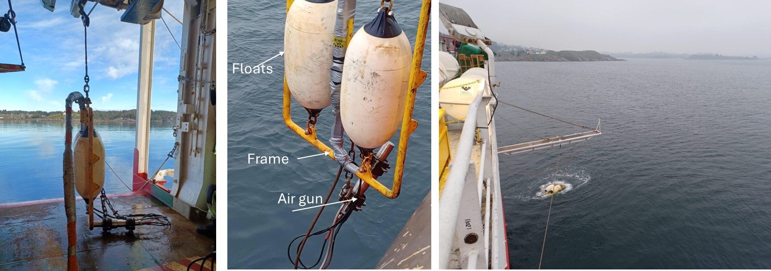 Figure 3. Seismic air gun and set up. The air gun was held at 1 m depth, held in place by a frame and surface floats. Left picture show set up on deck, middle picture while being deployed, and left picture during seismic shooting. 