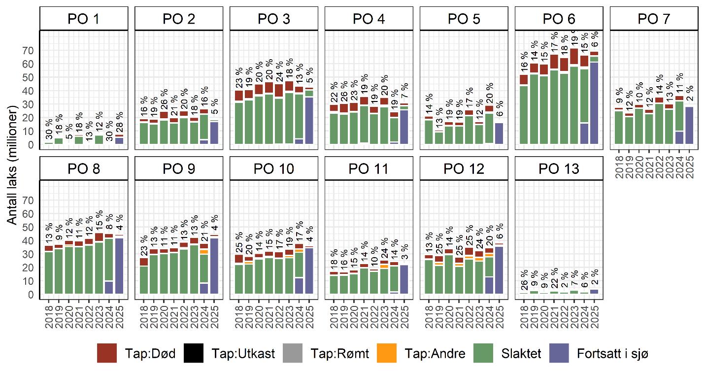 Figuren består av 13 stablete stolpediagram, ett for hvert av de 13 produksjonsområdene, der 1 til 7 er øverst og 8 til 13 er nederst. En stolpe per år fra 2018 til 2024, og viser antall regnbueørret i millioner (Y-aksen, skala fra 0 til 25). Fargene representerer følgende: rød (død), svart (utkast), blå (fortsatt i sjø) og grønn (slaktet m.m.). Prosenttall er gitt over hver av stolpene. PO3, 4 og 5 har stolper av «en viss størrelse, mens PO 6 og 9 har minimalt synlige stolper. Resterende har ikke stolper.