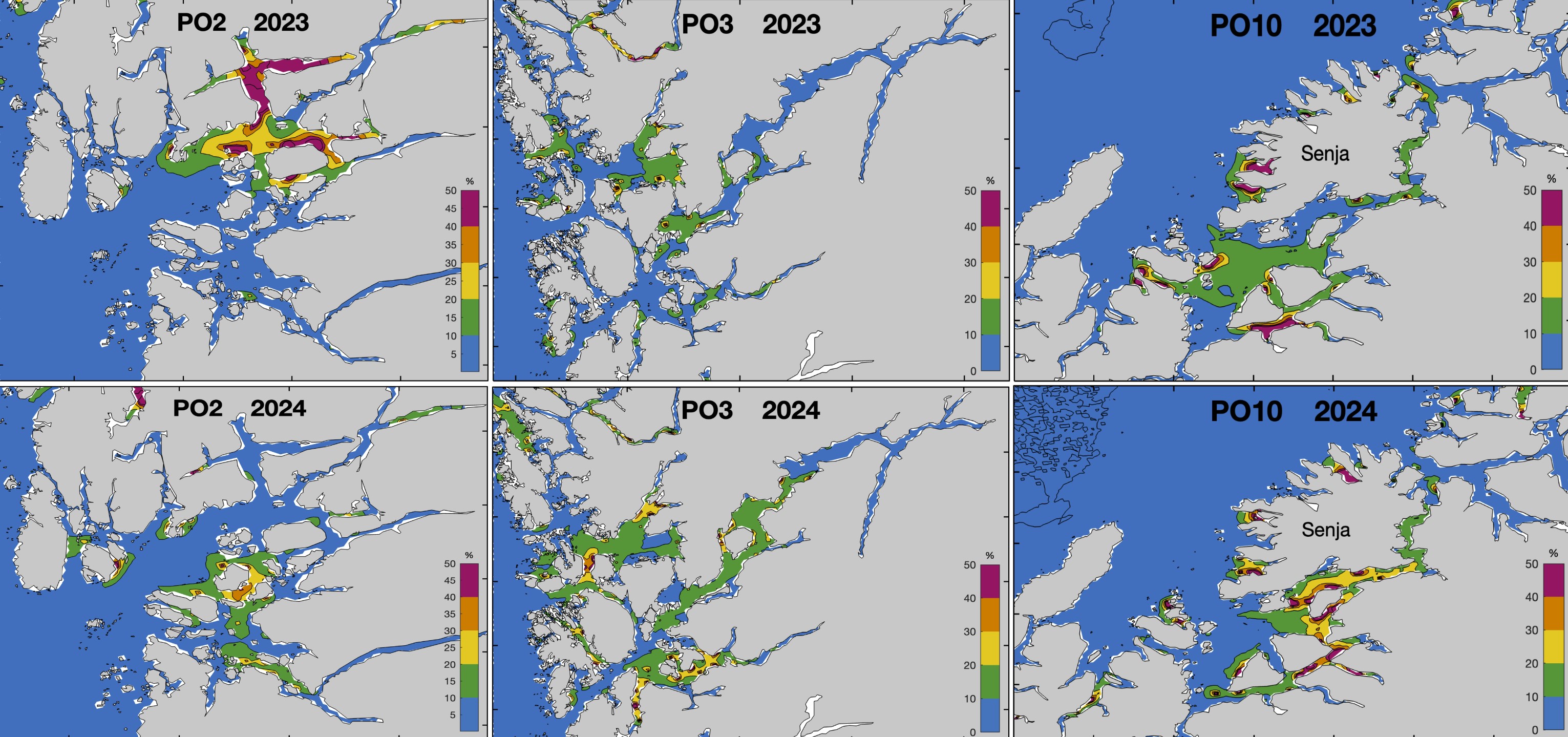 Figuren viser seks kartutsnitt av produksjonsområdene 2, 3 og 10. De tre øverste kartene er for 2023 og de tre nederste kartene for 2024. Vannmassene har ulike farger som representerer følgende verdier for økning i planteplanktonproduksjon: blå (0 til 10 %), grønn (11 til 20 %), gul (21 til 30 %), oransje (31 til 40 %) og rød (41-50 %). 