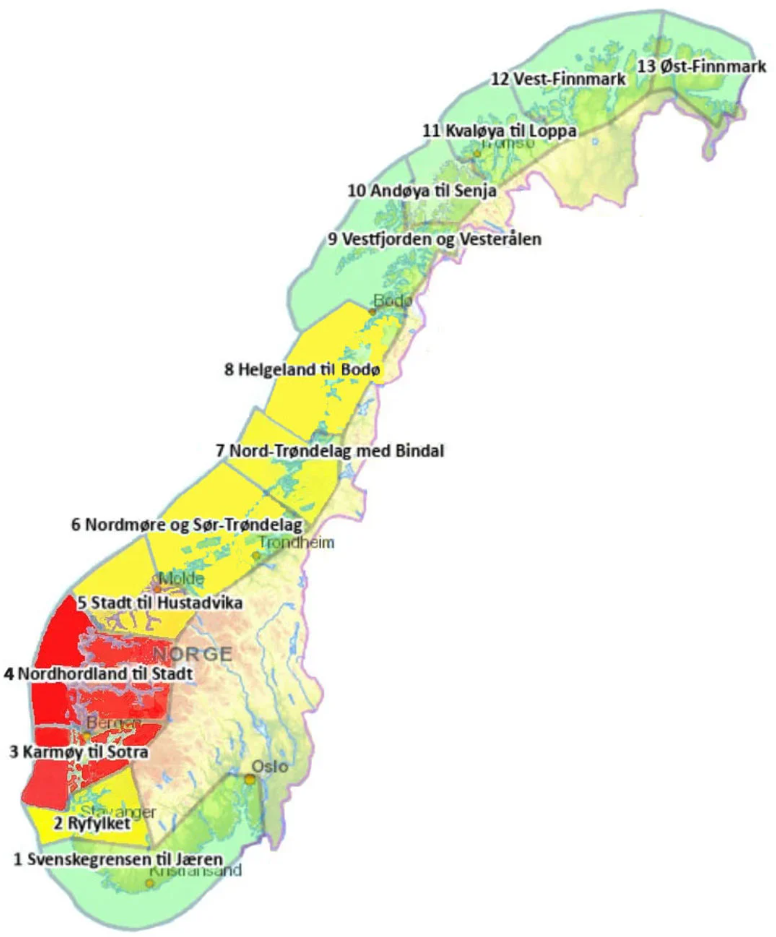 Norgeskart som viser fargene for kapasitetsjustering i perioden 2024 til 2025. Produksjonsområde 3 og 4 er rødt, produksjonsområde 2 og 5 til 8 er gult. Produksjonsområde 1 og 9 til 13 er grønt. 