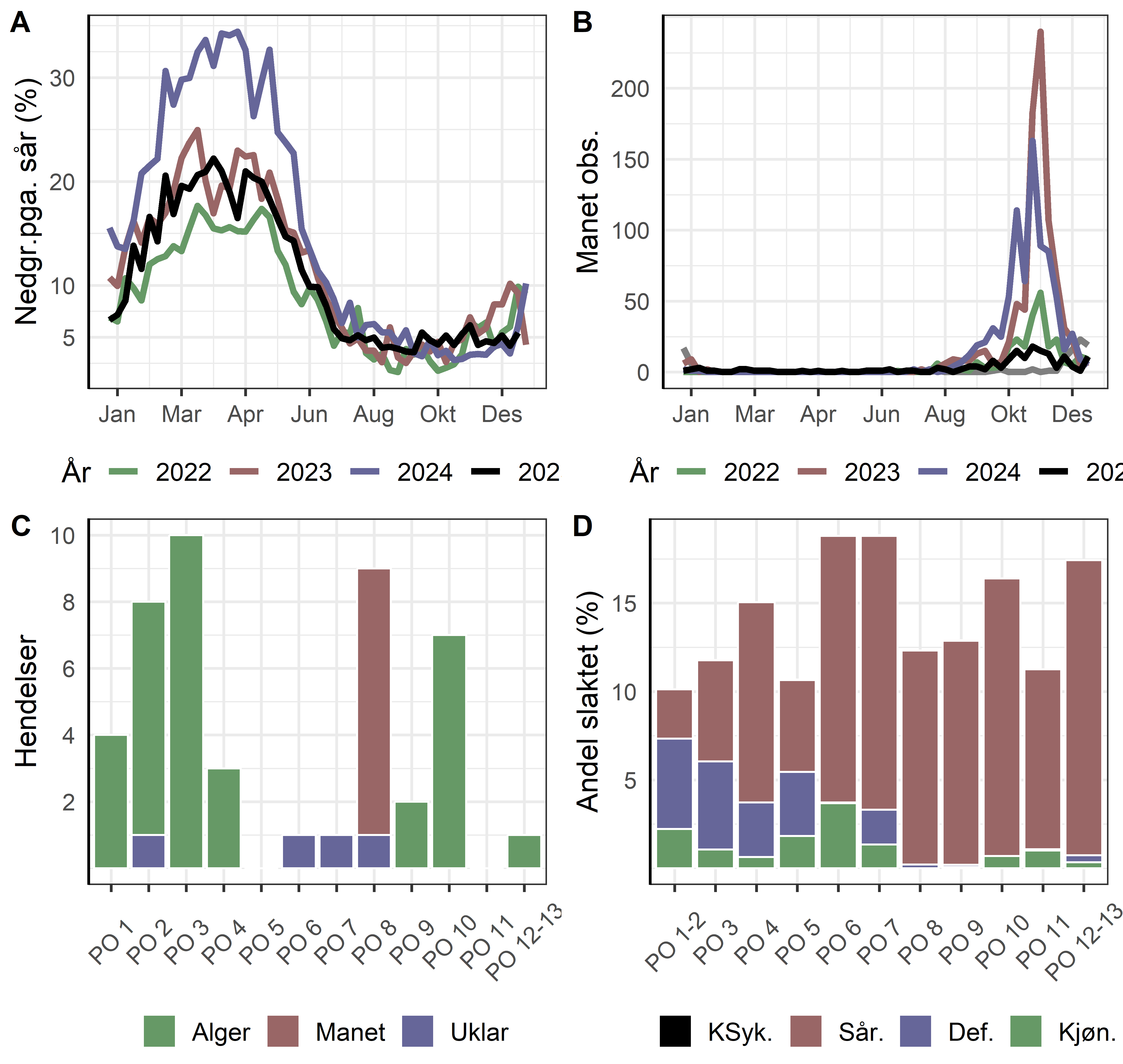 Figuren består av fire diagram, der fargene er følgende: grønn = data fra 2022, rød = data fra 2023, blå = data fra 2024, svart = data fra 2025. Diagram A øverst til venstre «Prosentandel av slaktet laks per uke som ble nedgradert til produksjon eller utkast på grunn av sår» er et linjediagram med måneder langs X-aksen (annenhver måned er listet). Y-aksen er % nedgradert pga. sår, med skala fra 0 til 35 %. Diagram B øverst til høyre «Observasjoner av perlesnormaneter (Apolemia sp.) rapportert til Dugnad for havet» er et linjediagram med måneder langs X-aksen (annenhver måned er listet). Y-aksen er antall maneter observert, med skala fra 0 til 250. Diagram C nederst til venstre «Antall velferdsmessige hendelser knyttet til maneter eller alger rapportert til Mattilsynet i 2025» er stablet stolpediagram med produksjonsområdene 1 til 13 langs X-aksen, felles akse for 12 og 13. Y-aksen er antall manetrelaterte hendelser, med skala fra 0 til 10. Diagram D nederst til høyre «Andel av slaktet fisk nedklassifisert til produksjonsfisk eller utkast» er et stablet stolpediagram med produksjonsområdene 1 til 13 langs X-aksen, felles akse for 12 og 13. Y-aksen er prosentandel slaktet fisk, med skala fra 0 til 20.