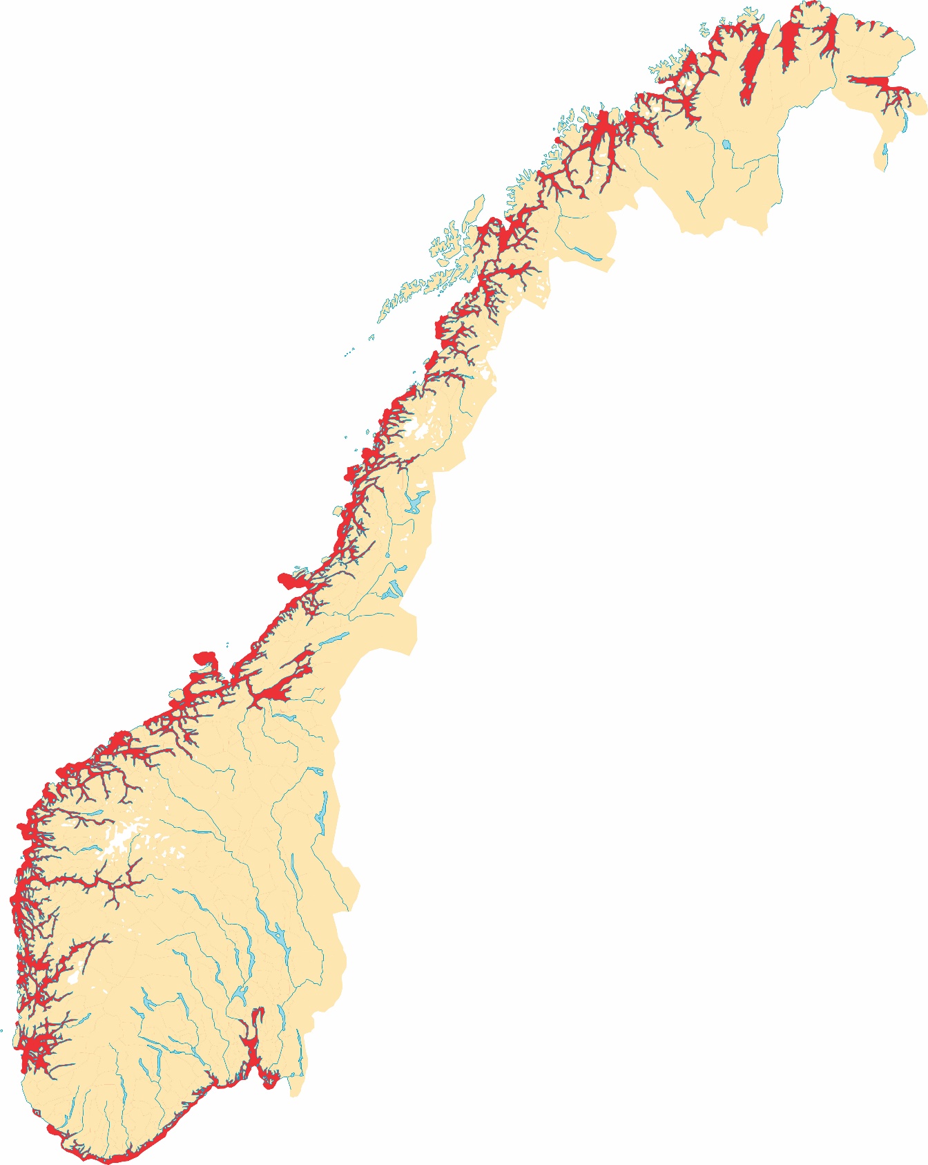Figur 2.2. Kartet viser områder (rød farge) som Havforskningsinstituttet har undersøkt med hensyn til kartlegging av gytefelt i «Nasjonalt program for kartlegging av marine naturtyper» siden 2007. For mer detaljert beskrivelse, se “Gytefelt torsk MB dekningskart” under Temalag “Kystnære fiskeridata” i Fiskeridirektoratets kartverk «Yggdrasil».