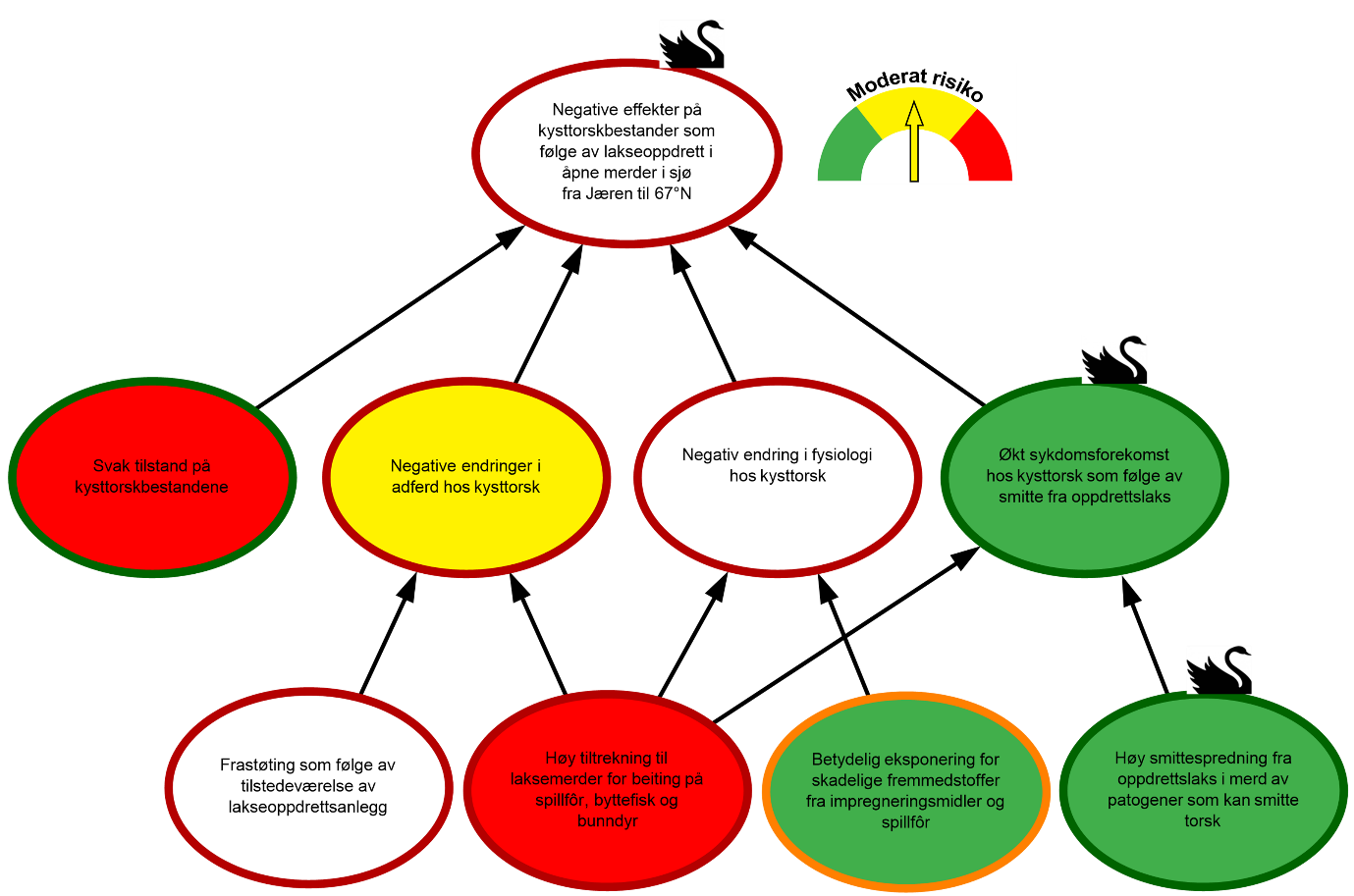 Figur 1.4. Visualisering av risikobildet for negative effekter på kysttorskbestander som følge av lakseoppdrett i åpne merder i sjø fra Jæren til 67°N.