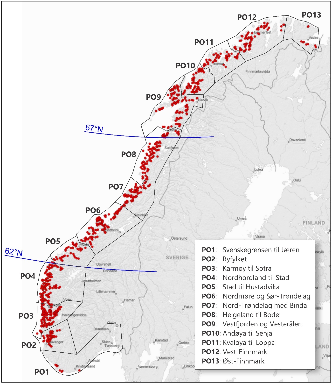 Kart av Norge med grenser for produksjonsområder for lakseoppdrett og forvaltningsområder for torsk. Røde sirkler viser lokalitet for lakseoppdrett, og fremviser lav produksjonstetthet i PO1 (Svenskegrensen til Jæren) og PO13 (Øst-Finnmark), samt svært høy produksjonstetthet tetthet i PO2 (Ryfylket) og PO3 (Karmøy til Sotra).