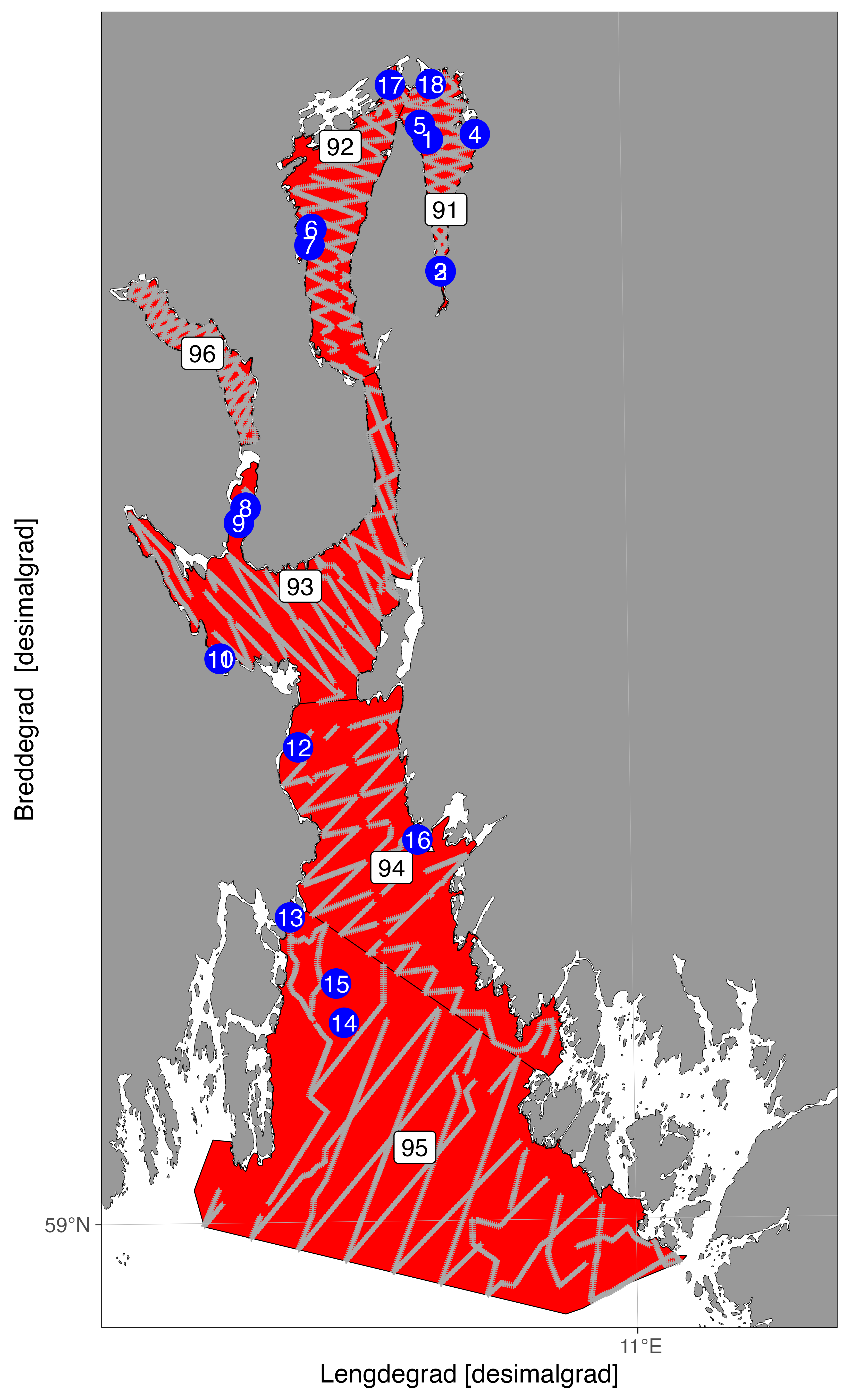 Kart som viser akustikse transekter og trålstasjoner