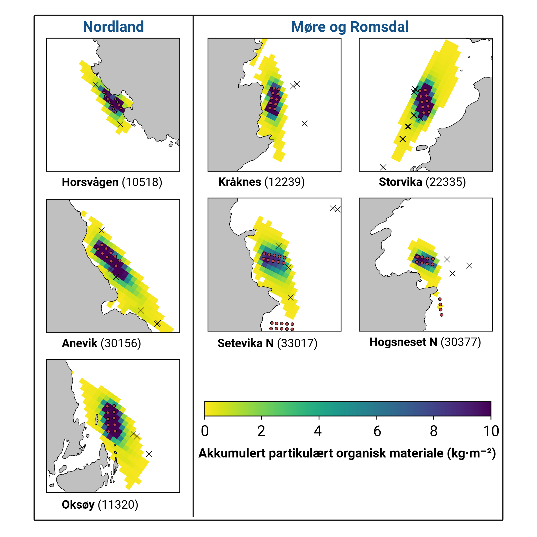 Syv kartutsnitt. De første tre loddrette utsnittene er fra Nordland og er listet under hverandre slik: Horsvågen (10518), Anevik (30156) og Oksøy (11320). Deretter er det fire utsnitt fra Møre og Romsdal, to øverst er Kråknes (12239) og Storvika (22335), og de to nederste er Setevika N (33017) og Hogsneset N (30377). Under disse igjen, er fargeskala «Akkumulert partikulært organisk materiale (kg per kvadratmeter) vist. Fra 0 (gult) til 10 (mørk blått). 