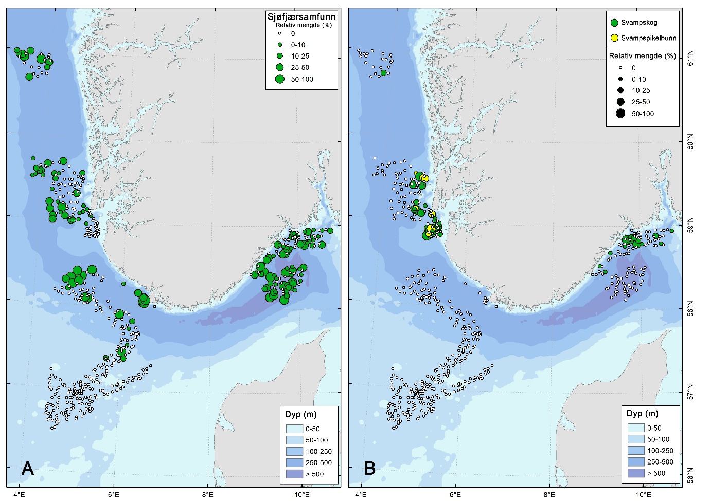 To kart over forekomster av sjøfjærsamfunn (A), svampskog og svampspikelbunn (B). Mengden er angitt som størrelse av punktene.
