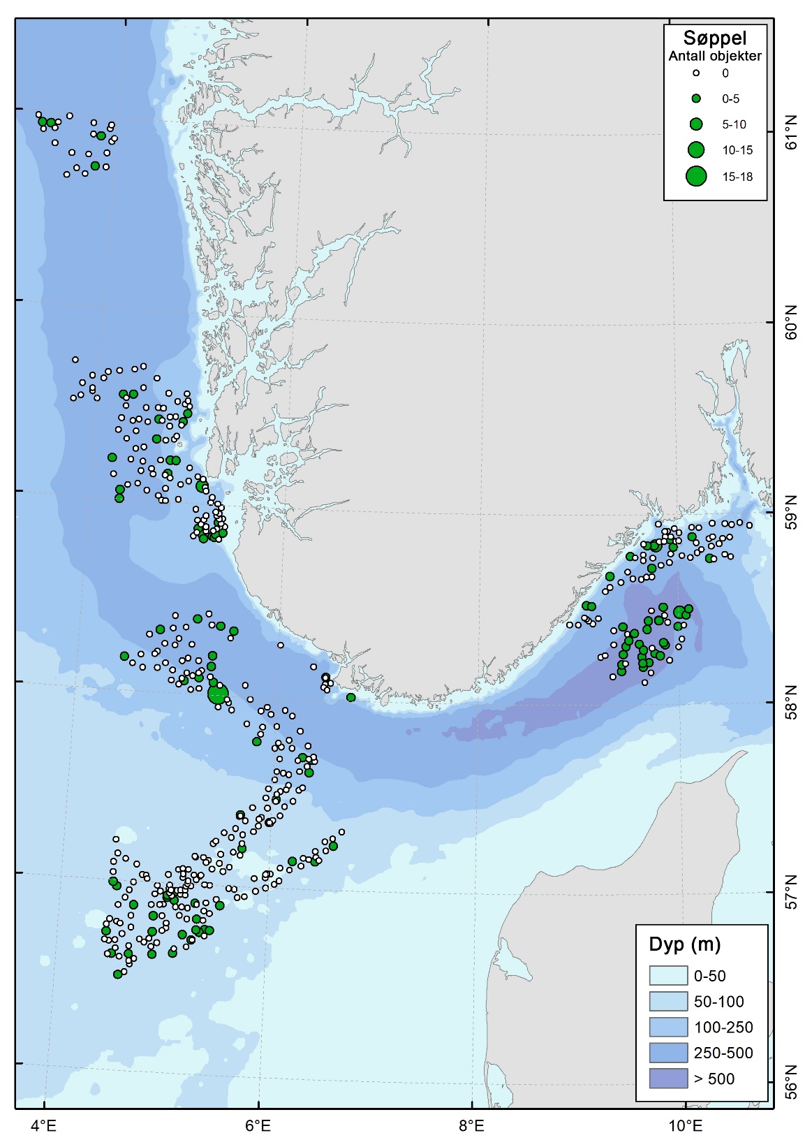 Kart som viser mengde av søppel på havbunnen (antall objekter per videostasjon). Mengde er angitt som størrelse av punktene.