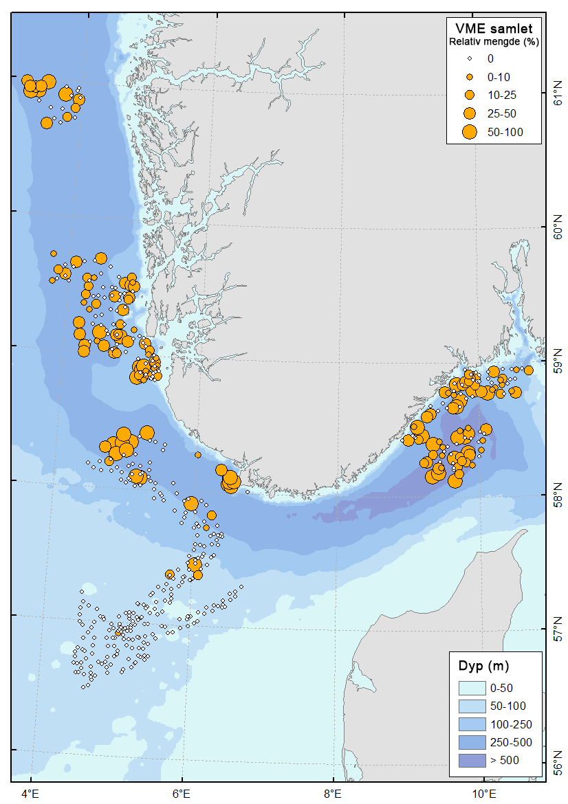 Kart som viser relativ mengde (% av havbunnsregistreringer per videolinje) av sårbare habitater. Mengden av sårbare habitater er gitt som størrelse av punktene.