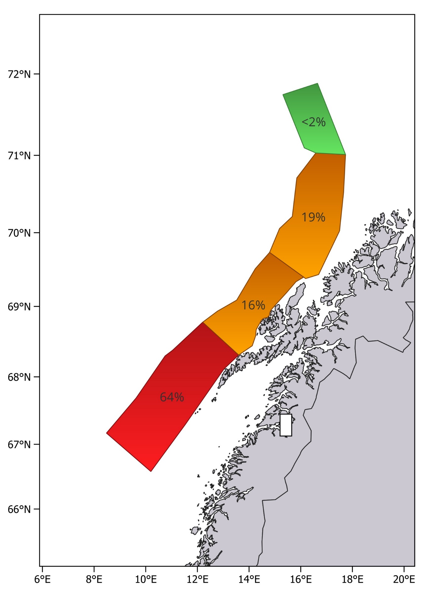 Relative distribution by stratum of the biomass of herring from the Norwegian spring-spawning herring spawning survey 12.-25. February 2026.  