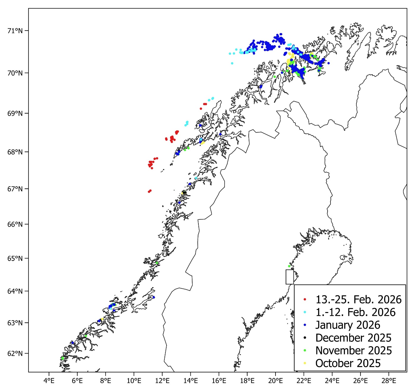 Distribution of commercial catches of Norwegian spring-spawning herring from October 2025 until February 2026, based on electronic logbooks. Each point represents one catch, only catches larger than 10 tons are shown